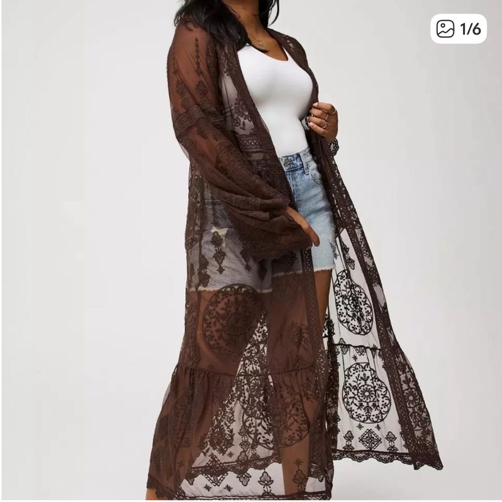 Torrid Embroidered Lace Mesh Kimono in Bracken